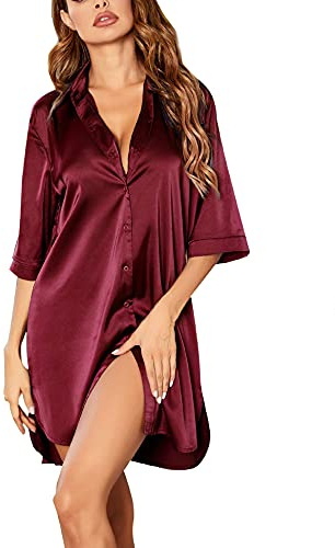 Ekouaer Satin nattlinne dam sommar kortärmad knappslå sexig nattklänning kort 3/4 ärmar sleepshirt med djup V-ringning nattkläder negligé, 5 röd, XL