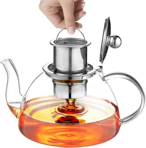 Glass Teapot, 1300ml Tea Pot with Infuser Stovetop Safe Borosilicate Glass teapot for Loose Leaf Tea, Hot/Iced Water, Juice Beverage