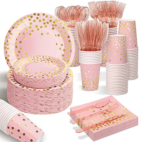 AIRE 175PCS Pink Rose Gold Plates Party Supplies Severs 25 Guests Disposable Party Decorations, Plastic Forks Knives Spoons, Golden Dot Paper Plates Napkins Cups for Mothers Day Birthday Wedding