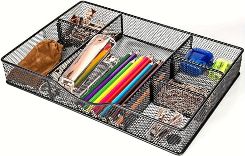 VyGrow Desk Drawer Organizer Tray, Metal Mesh Drawer Organizers Office, 6 Adjustable Compartment, Desk Organizer Tray for Home Office 12.87L x 8.73D x 1.96H inch, Black, 1PC Medium