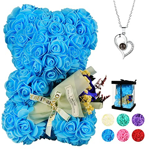 POHOMEGK Rose Bear Gifts for Mum, Rose Bear for Women, Valentine’s Day present for her, Rose Teddy Bear, Birthday Gift for Kids, I Love You Necklace in 100 Languages