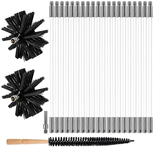 MOCNT Chimney Cleaning Brush Kit Nylon Rotary Duct Vent Cleaning Set Flexible Chimney Sweep Kit Fireplace Soot Cleaning Rods with 20 Flexible Rods 2 Brush Head 1 Wood Handle Brush