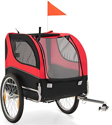 GYMAX Rimorchio per Cani, Carrello per Cani in Rete Traspirante con 3 Ingressi, Bandiera di Sicurezza, Catarifrangenti, Aggancio Universale per Biciclette, Adatto a Cani di Taglia Media (Rosso)