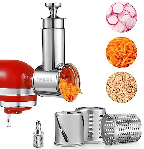 FavorKit Large Stainless Steel Slicer Shredder Attachment for KitchenAid Mixers, Dishwasher Safe Salad Maker, Cheese Grater Accessories with 3 Blades & 1 Knob Thumb Screw
