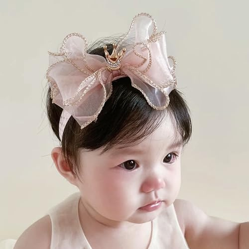 Bethynas Crown Lace Bowknot Headband for Baby Girls Handmade Chiffon Elastic Baby Hairband Birthday Party Crown Hair Accessories for Newborn Infant Toddlers (Style 1 - pink)