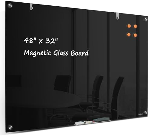 Glass Whiteboard Black Dry Erase Board Magnetic, TANKEE Modern Large Frameless Tempered Glass White Board for Wall, Office, Home, School, 48” x 32” Black Glassboard
