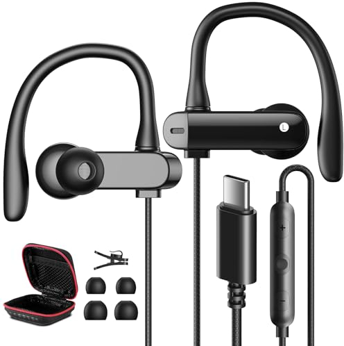 Auriculares USB C con codo para iPhone 16 17 5G,Cancelación Ruido Deporte Tipo C Audifonos con Cable Micrófono para Galaxy A55 A56 Samsung A54 A34 Pixel 10 9a 8 Mi POCO X7 para Correr,Gimnasio,Fitness