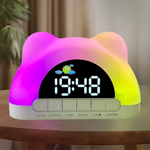 Seutgjie Sveglia Digitale da Comodino per Bambini, Sveglia Bambina con Musica Wake Up Light Rumore Bianco Luce Notturna Doppi Allarmi 16 Suonerie Modalità Snooze 12/24 ore Regalo Natale