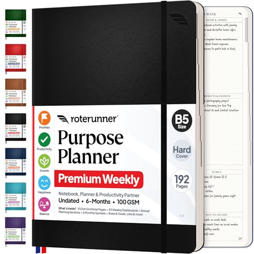 Roterunner Agenda con copertina rigida, B5, 7,5 x 9,8 cm, agenda giornaliera non datata 2024-2025, pianificatore giornaliero, settimanale e mensile, pianificatore di produttività, pianificatore di