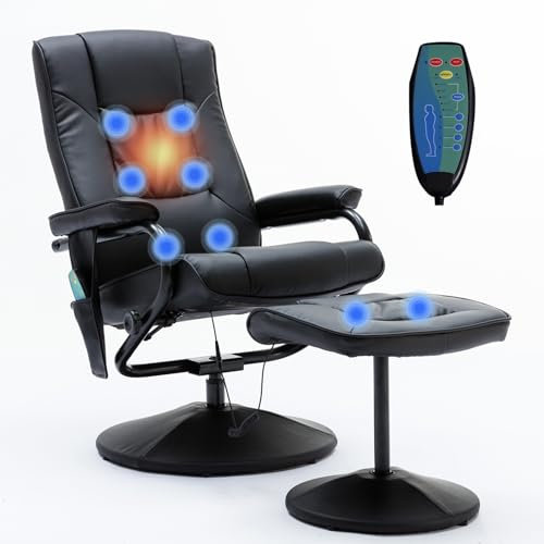 Asukale Relaxsessel mit Fußhocker, Elektrischer Massagesessel mit Liegefunktion & Wärmefunktion, 360° Drehbarer Fernsehsessel mit Seitentasche, Kunstleder Schwarz