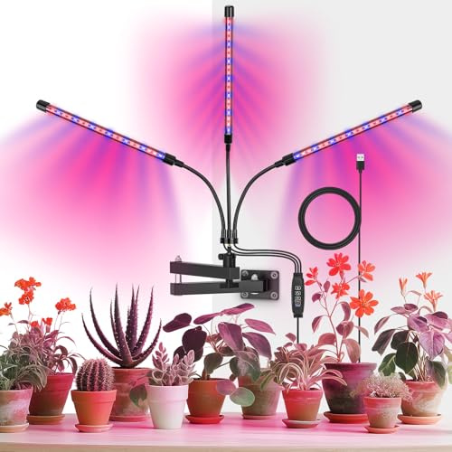 Jubor Lampe de Plante Murale, 3 Têtes Lampe de Croissance avec Minuterie Auto, LED Lumière Horticole Croissance Spectre Complet avec 3 Modes de Couleurs 10 Niveaux Dimmables pour Plantes