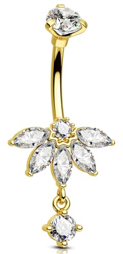 OUFER 14G Gold Dangle Belly Button Bar Stainless Steel 316L Flower Navel Ring Clear Marquise CZ Belly Ring Hoop for Women 10 mm Body Piercing Jewellery