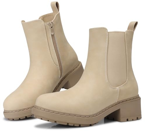 SHIBEVER Women's Chelsea Boots Slip on Chunky Heel Platform Ankle Booties with Lug Sole for Fall Fashion 2025 Size Nude 8