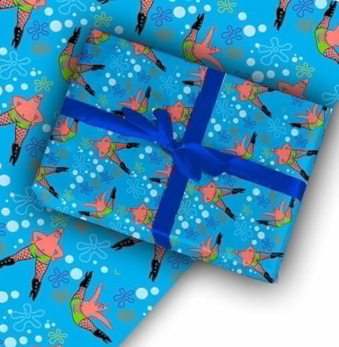 Patrick Pattern Gift Wrapping Paper, Blue Background with Bubbles and Flowers, Premium Quality 1 sheet & Gift tag - Funny gift paper