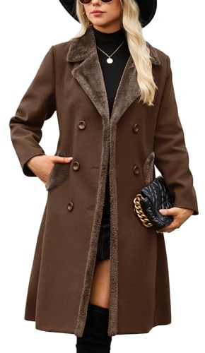Yuson Girl Cappotto Donna Invernale Lungo Classico Doppiopetto Cappotto con Revers Autunno Invernale Caldo Cappotti Elegante Cappottino Trench Coat di Mezza Stagione con Tasche(Caffè scuro, XL)