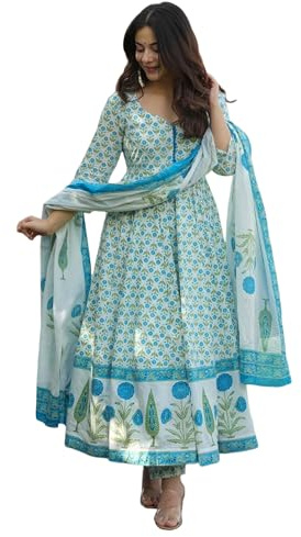 GoSriKi Kurta Anarkali da donna in rayon viscosa stampata con pantaloni e Dupatta | Abito Anarkali da donna | Set completo da donna in puro cotone | Set Kurta Palazzo Dupatta con stampa a blocchi