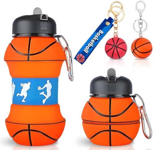 JhavexToy Bottiglia d'acqua Pieghevole per Bambini e Adulti,Borraccia Silicone Design Pallacanestro 550ML, senza BPA,Borraccia Con Portachiavi da Pallacanestro, Adatta a Campeggio Viaggi Sport