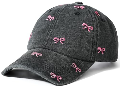 Jeasona Bow Embroidery Baseball Cap Hat, Romantic Trendy Trucker Hat Cotton Adjustable Women’s Hat (Sweet & Stylish), Washed Black
