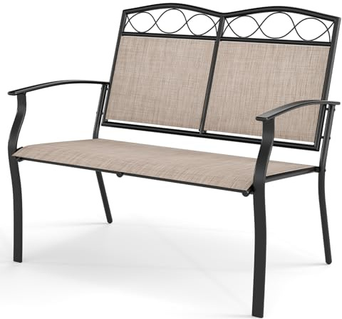 GOPLUS Banco de Exterior para Fijar con Cómodo Asiento, Respaldo Inclinado y Amplios Reposabrazos, Banco de 2 Plazas en Hierro Forjado y Tejido con Patas Ajustables para Entrada, Jardín y Terraza