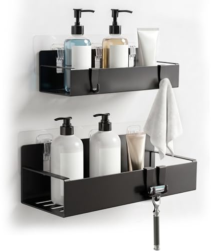 Solyxis 2 Unidades Estantería de Ducha sin Taladrar, Estantería de Baño en Acero Inoxidable, Estantería de Pared con 4 Ganchos Extraíbles, Organizador de Baño para Azulejos, Cristal, Negro