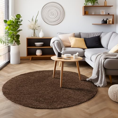 SIMPEX Flauschiger Teppich Wohnzimmer Schlafzimmer Läufer Flur Esszimmer Küchenteppich Hochflor Einfarbig Modernes Design 30 mm Florhöhe Kuschelweich, Braun, 120 cm Rund