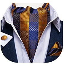 DiBanGu Ascot Krawatten für Herren, Hochzeit, Jacquard, gewebt, 100 % Seide, Ascot-Krawatte für Herren, Krawatte und Einstecktuch, Set, 03-Blau und Braun, Einheitsgröße