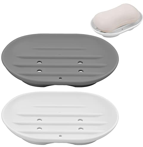 2 STK Seifenschale, Silikon Seifenschale Dusche, Seifenschale mit Ablauf, Seifenhalter Seifenablage Doppel Seifenkiste Ohne Bohren, Rutschfreies Design Seifenablage für Bad Küche Zähler, Weiß + Grau