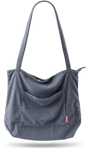 Captain Blues Cord Tasche Damen Umhängetasche mit Reißverschluss, Shopper Tasche Schultertasche Damen Groß Tote Bag für Arbeit, BüRo, Reisen, Einkaufen, Schule, Uni und Alltag (Graublau)