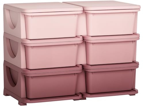 HOMCOM 6 Drawers Plastic Storage Units, 3 Tier Kids Storage Units, Children Toy Chest for Nursery, Playroom, Bedroom, Pink
