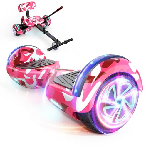 SISIGAD Hoverboard avec Kart, Go Kart 6,5 Pouces, Hoverboard Tout Terrain Auto-équilibré avec Haut-parleurs Bluetooth et Lumières LED, Cadeau pour Enfants, Rose Camouflage