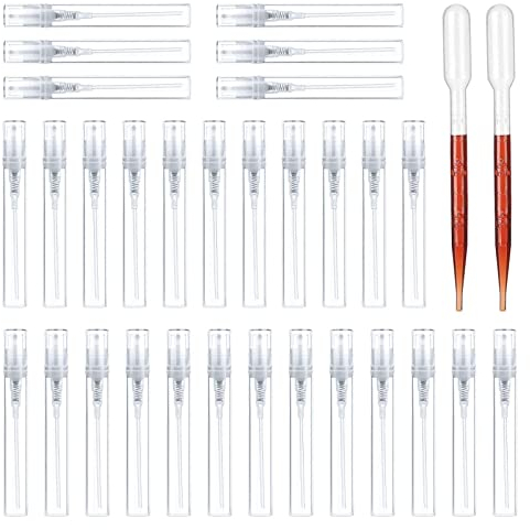 LUCKNIGHT Transparent Fine Mist Sprayer Bottles, Plastic Perfume Atomizers Refillable, Travel Cosmetic Sample Bottle Container, Hydrating Empty Bottle (5ML 30PCS)