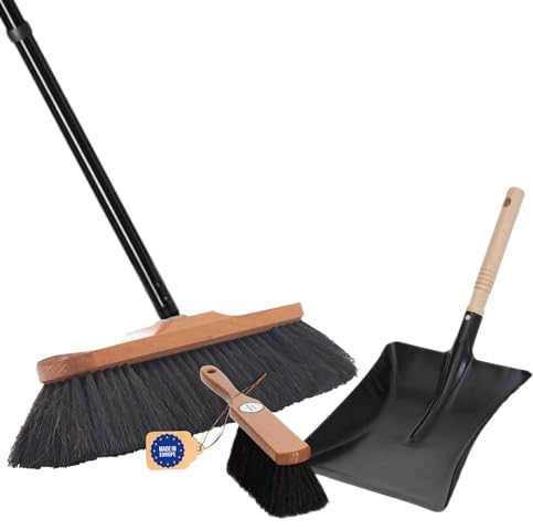 Novaliv Zimmerbesen mit Stiel stabil ROSSHAAR Mischung Besen weiche Borsten Schrankbesen 4 TLG Steckstiel und Handfeger Kehrblechgarnitur Metall Schwarz Kehrblechbesen Handkehrset Feger und Kehrblech