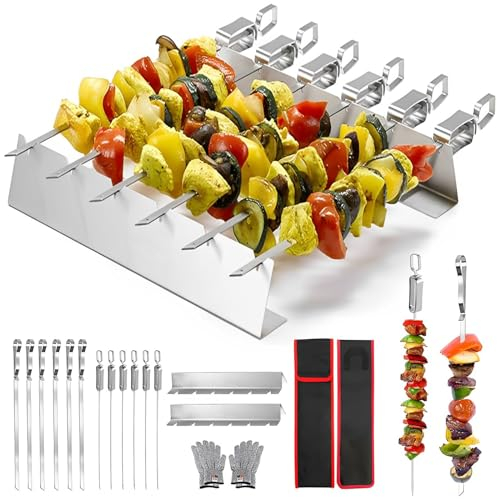 LQCOZYM® Grillspieße Edelstahl, 6 Stück 35cm + 6 Stück 41cm + 2 Standgrills, Schaschlikspieße Mit Handschuhen Und Nylontaschen, Für Fleisch, Gemüse (18 Stück)
