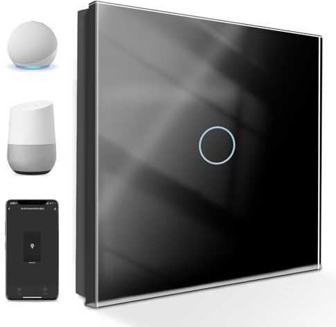 PANGTZEEN Smart WiFi Lichtschalter 1 Fach 1 Weg 2.4GHz Alexa Google Home Unterstützung Tuya APP Sprachsteuerung Gehärtetem Glas Touch Rahmen WandSchalter Unterputz Schwarz (Neutralleiter Erforderlich)