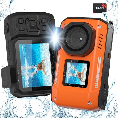 KitkidKind Appareil photo numérique 8K 70 MP avec carte 64G, caméra sous-marine de 10 m, étanche, résistant à la poussière, résistant aux chocs, plongée avec tuba, zoom 18x, autofocus, selfie, double