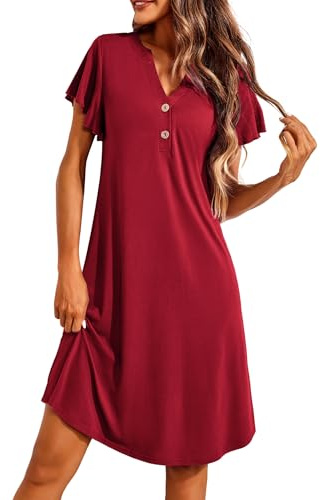 Ekouaer Women's Nightdress Short Sleeve Nighties V-Neck Button Down Sleep Dress Soft Sleepwear Loungewear Summer Nightgown,Wine Red,L