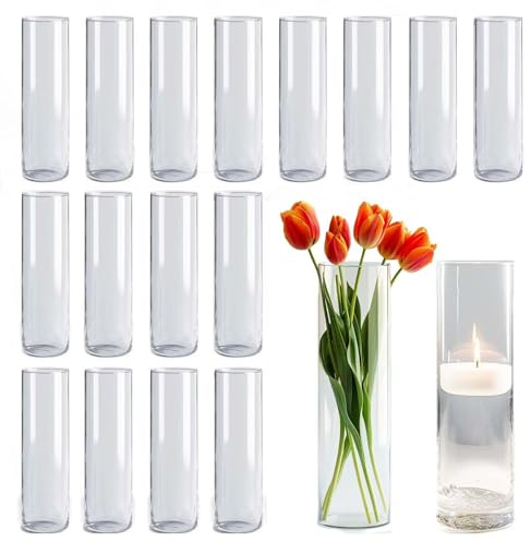 Glasvaser 18-pack, 19 cm hög cylindrisk vas, klar blomvas för bordsdekoration, ljusglasflaska, småflaska, för fest, bröllop och bankett (4,5 × 19 cm)