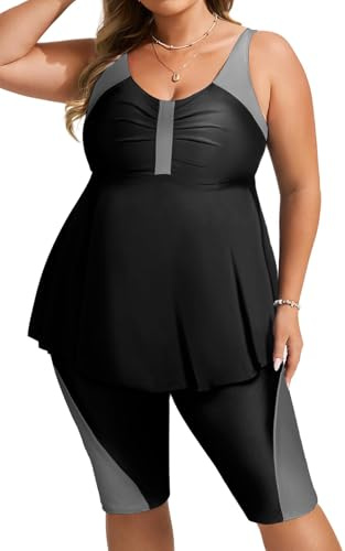 Hanna Nikole Tankini dam stor storlek mage way badmode push up tankini tvådelat set hög midja sommar baddräkter tankini topp med badshorts, svart och grå, 56 plus size