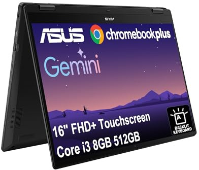 ASUS Chromebook Plus Flip CX5, 16 FHD+ 2 in 1 Touchscreen Laptop, Intel 6-Core i3-1215U (> i5-1135G7), 8GB RAM, 512GB SSD, Google AI for Student, Home, Business, Backlit, 1080p Webcam, Chrome OS
