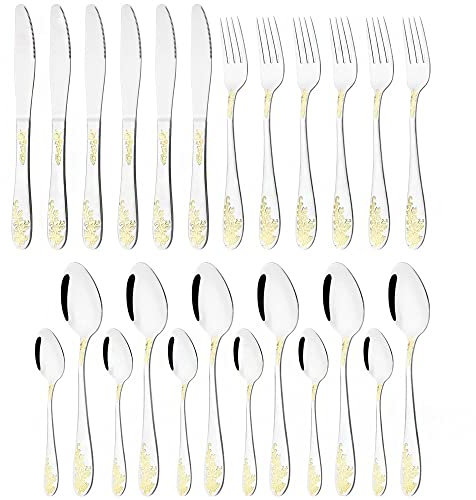 MMRTDJDR Ensemble de Couverts de Couverts de Couverts, 24pcs Golden Golden Modèle Dîne-Cote de Couverts en Acier Inoxydable Set Couteau à Fourche de Table de Table de Table