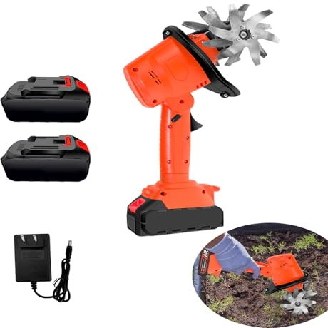Motoazada Eléctrica, 21V Motoazada Bateria con 2 Baterías 3000mAh, Motocultor Electrico Sin Cable con 4 Cuchillas de Metal, Motoazada con Baterías y Cargadores para Huerto, Jardín, Cultura