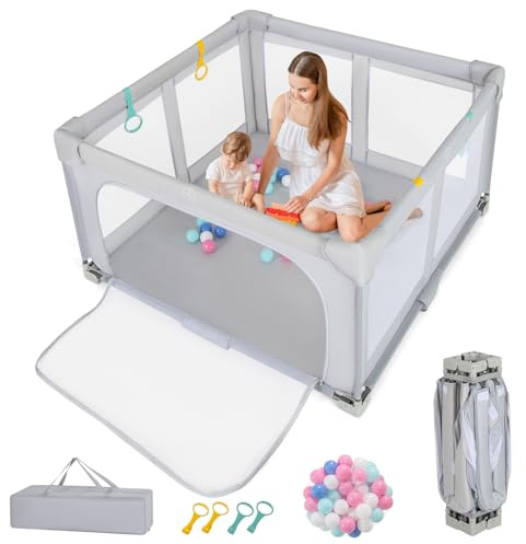 COSTWAY Parque Infantil Bebé 127 x 127 x 72,5 cm, Parque de Juegos Plegable con 50 Bolas Oceánicas y 4 Agarraderas, Corralito con Puerta con Cremallera y Pared de Malla para Bebé de 0-3 Años (Gris)