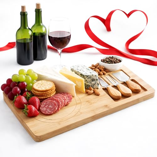 Fusion Food Bamboo Cheese Board and Knife Set – Charcuterie Board W/Rubber Wood Handle Pan Lifter, Cheese Fork & Slicer | Round Corners Cheese Board Set for Serving Cheese, Fruits, Bread & Many More