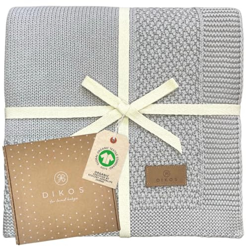 DIKOS Babydecke aus 100% Bio-Baumwolle – atmungsaktive Strickdecke für Neugeborene Jungen & Mädchen – weiche Baby Decke, Kuscheldecke & Kinderwagendecke (GOTS & Oeko-TEX) – Geschenk zur Geburt (Grau)