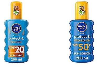 NIVEA SUN Protect & Bronze Sun Spray SPF20 (200ml), Bronzing Tanning Lotion Spray with SPF20 & NIVEA SUN Protect & Moisture Sun Spray SPF 50+ (200ml), Moisturising Suncream Spray with SPF 50+