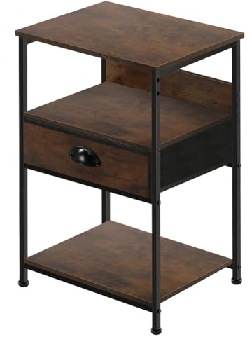 FURWOO Table de Chevet avec tiroir Table d'appoint Industrielle pour canapé Table de Nuit pour Chambre à Coucher, Table d'appoint de Salon avec étagères de Rangement Marron Rustique