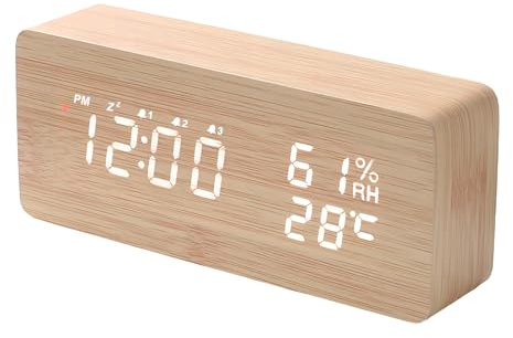 VORRINC Despertador digital inalámbrico con 3 despertadores independientes y función de repetición, despertador de madera con fecha, temperatura, radio despertador digital con fuente de alimentación,