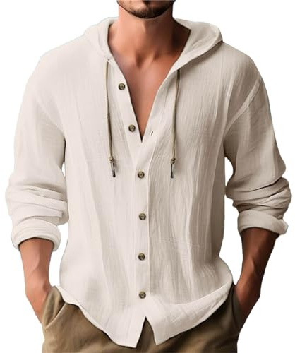 Camisa de lino para hombre con capucha, ligera, de manga larga/corta, de algodón y lino, con botones, capucha, estilo button-down, unisex, de un solo color, para ocio, camiseta con capucha, T-shirt de