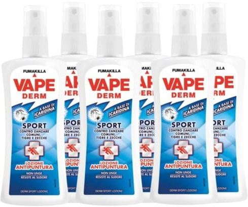 Vape Derm Sport Spray Antizanzare Lozione Antipuntura Contro Zanzare Comuni Zanzare Tigre E Zecche 100 Ml (6 Unità)