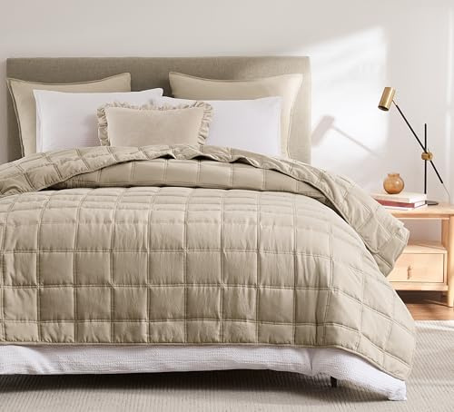 R.SHARE Tagesdecke 300x270 Beige, Weich Bettüberwurf Steppdecke aus Mikrofaser für Bett Sofa Couch (ohne Kissenbezug), Kariert Kuscheldecke Wohndecke Sofaüberwurfdecke Oeko-TEX Frühling Sommer